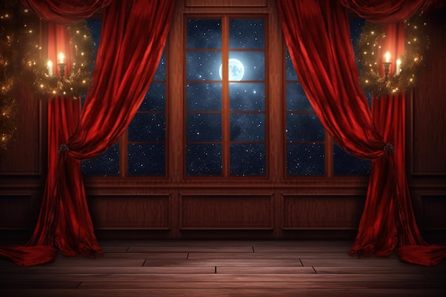 Foto una habitación con una cortina roja y una ventana con la luna al fondo.