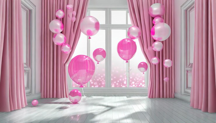 Habitación con cortinas burbujas rosas habitación con globo