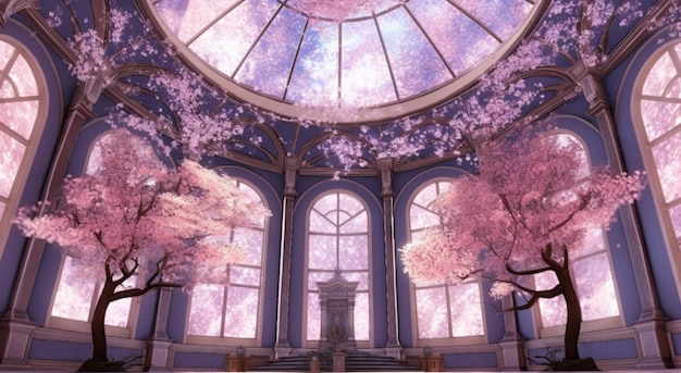 Una habitación con cúpula y un árbol con flores rosas.