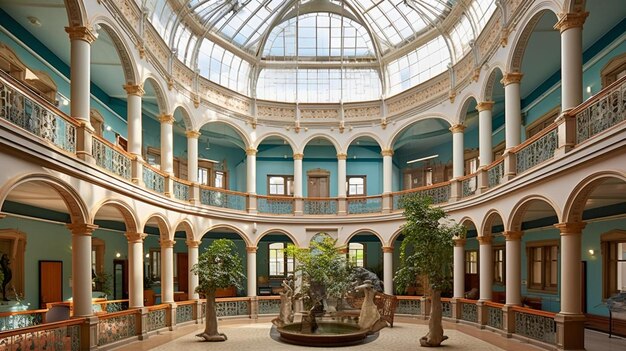 Foto una habitación con una cúpula y una gran ventana con una planta en ella