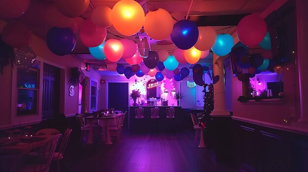Una habitación débilmente iluminada está decorada con globos de colores y una pelota de discoteca La habitación está vacía excepto por unas pocas sillas y mesas
