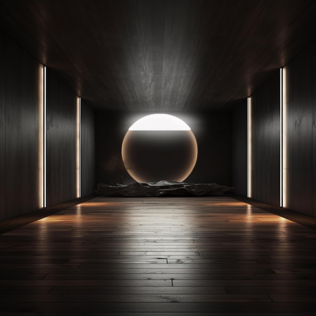 una habitación débilmente iluminada con una luz circular en el medio generativo ai