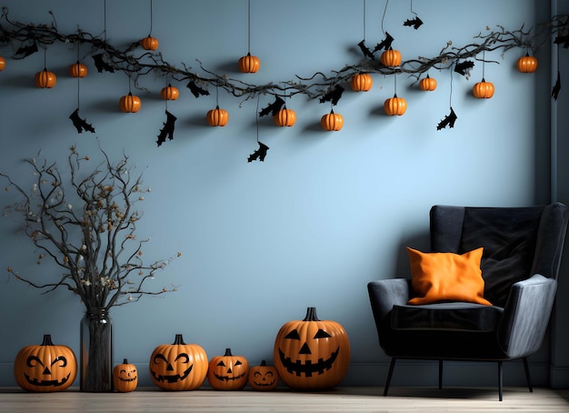 habitación con decoraciones de halloween y un sofá