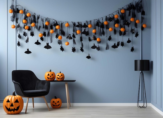 habitación con decoraciones de halloween y un sofá