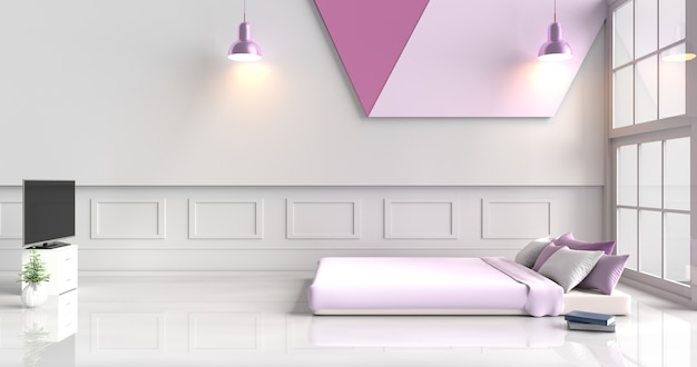 Habitación decorada en blanco púrpura, cama púrpura, almohadas violetas, lámpara, televisor, pared de cemento blanco. 3d