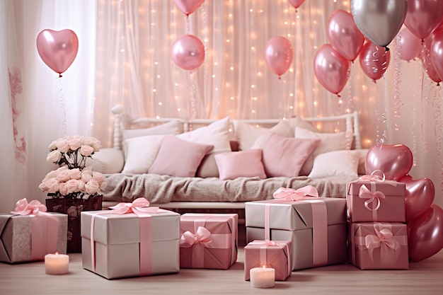 habitación decorada en un estilo romántico con regalos de San Valentín globos y rosas