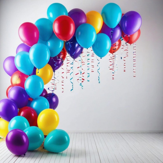 Foto habitación decorada con globos de colores para la fiesta