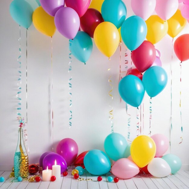 Habitación decorada con globos de colores para la fiesta