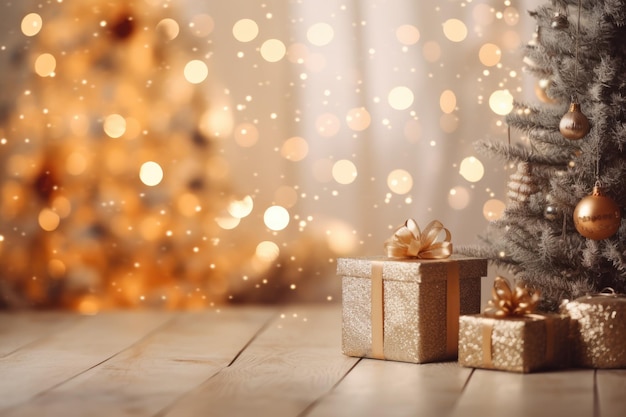 Habitación decorada navideña con árbol de Navidad y bokeh de luces doradas.