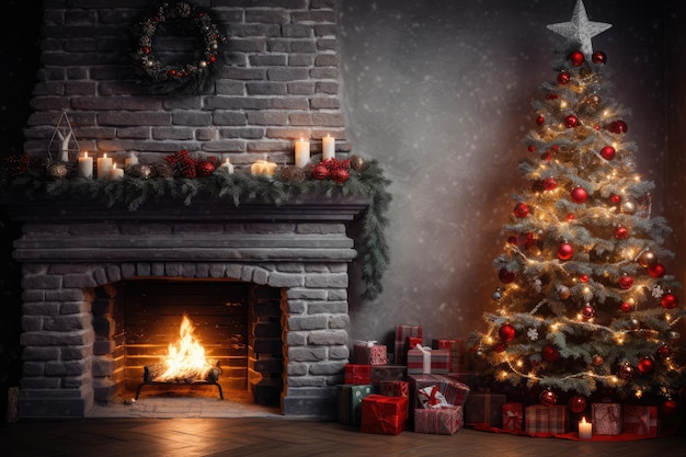 Habitación decorada en la noche de Navidad con luces de Navidad brillantes chimenea y árbol elegantemente