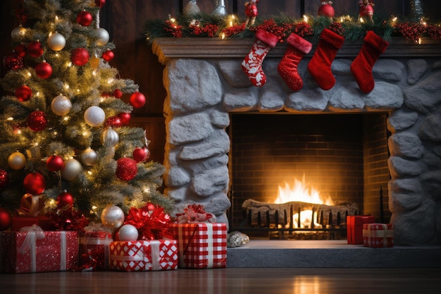 Habitación decorada en la noche de Navidad con luces de Navidad brillantes chimenea y árbol elegantemente