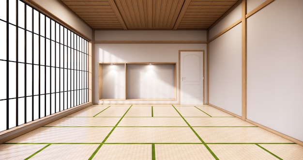 habitación con diseño de pared de vidrio estilo japonés