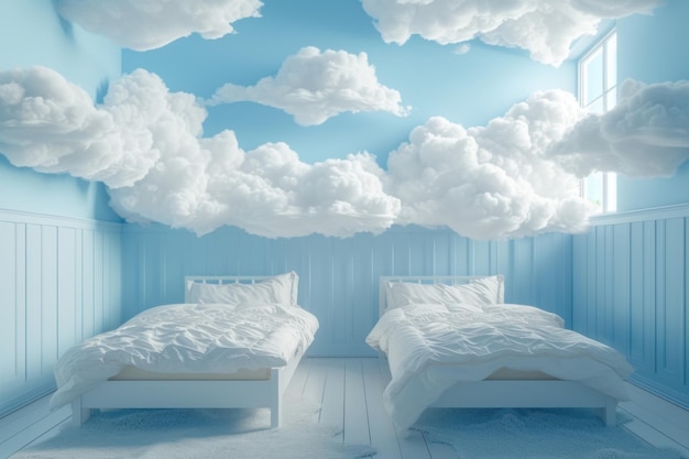 Habitación con dos camas y un mural del cielo con IA generativa