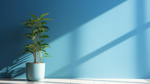 una habitación en un edificio lleno de pared azul brillantemente iluminado en el medio hay sólo una planta verde en una olla