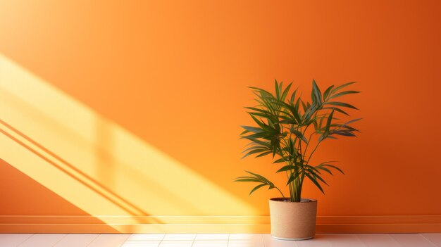 una habitación en un edificio lleno de pared naranja brillantemente iluminado en el medio hay sólo una planta verde