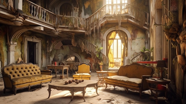 Una habitación en un edificio en ruinas con un balcón y un sofá que dice "la palabra" en él.