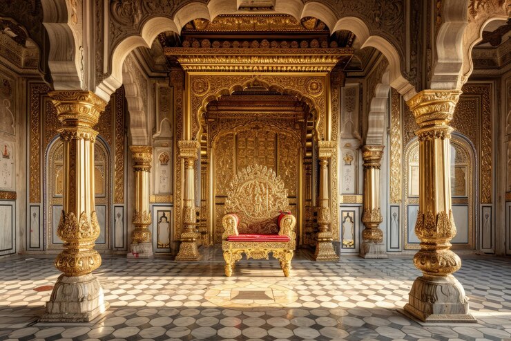 Habitación elegante con silla dorada y blanca.