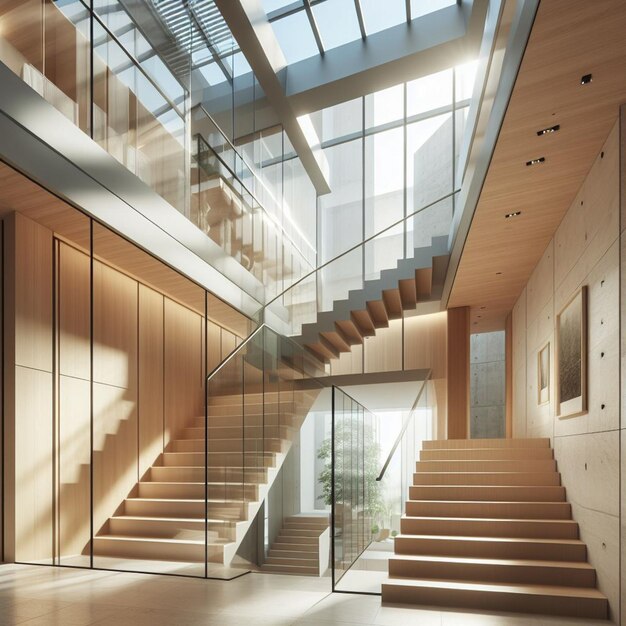 Foto una habitación con una escalera y una escalera que tiene una pared de vidrio