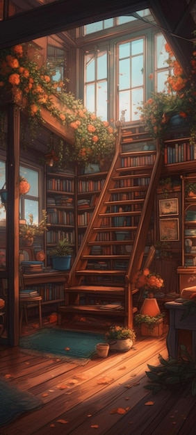 Una habitación con escalera y estanterías con librero y librero con una planta.