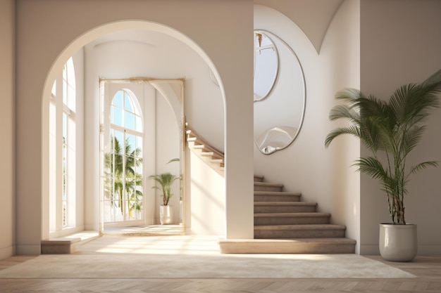 una habitación con escalera en una lujosa casa minimalista con plantas tropicales