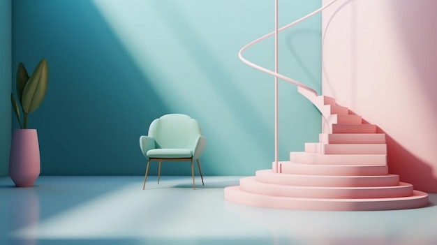 Una habitación con una escalera rosa y una escalera rosa.