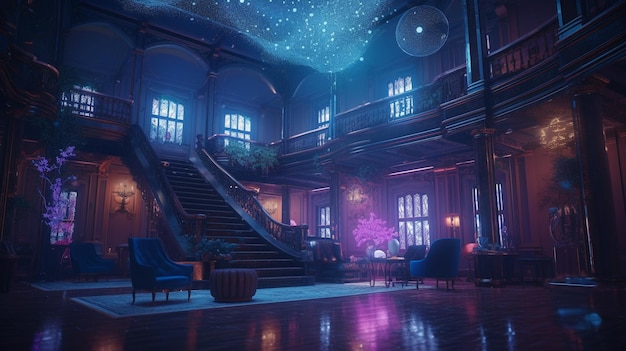Una habitación con una escalera y un techo con estrellas.