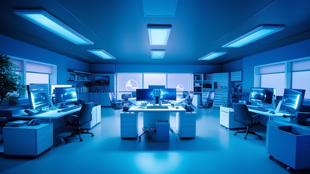 Una habitación con un escritorio de computadora y una luz azul que dice 'azul'