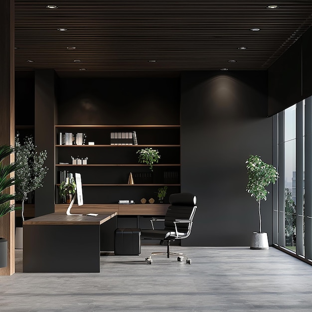 una habitación con un escritorio y una estantería con una planta en ella