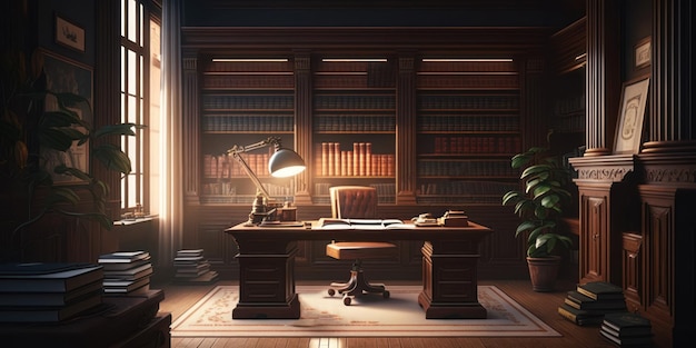 Una habitación con un escritorio y una lámpara que dice 'la palabra' en ella '