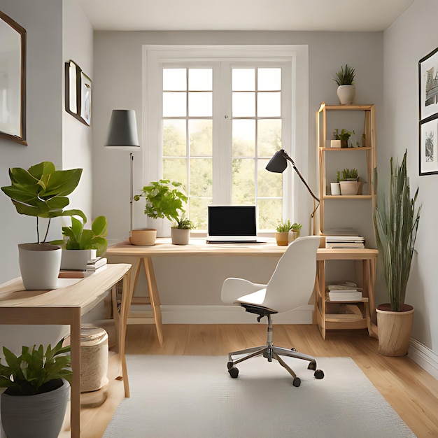 una habitación con un escritorio un monitor una computadora portátil y una planta en el escritorio