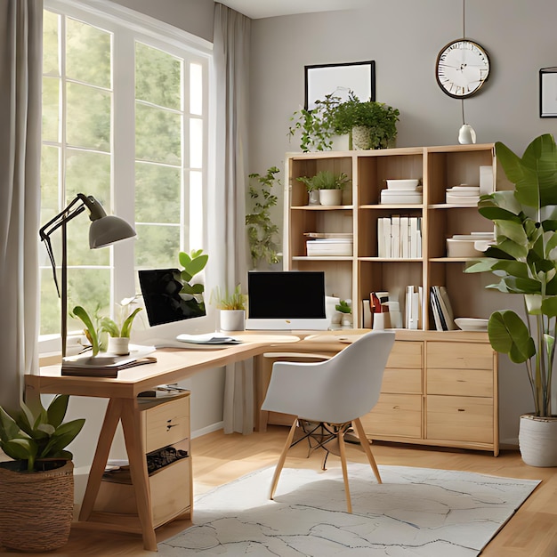 una habitación con un escritorio un reloj una planta y un reloj en la pared