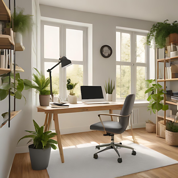 una habitación con un escritorio un reloj un reloj y una planta en la pared