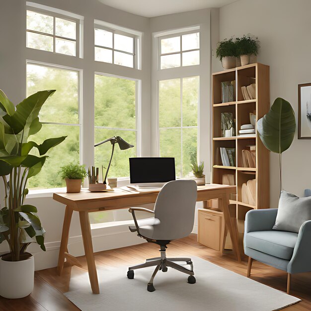 una habitación con un escritorio una silla una planta y un televisor