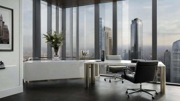una habitación con un escritorio y una silla con vistas a la ciudad