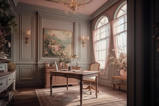Una habitación con un escritorio y una ventana con un cuadro.