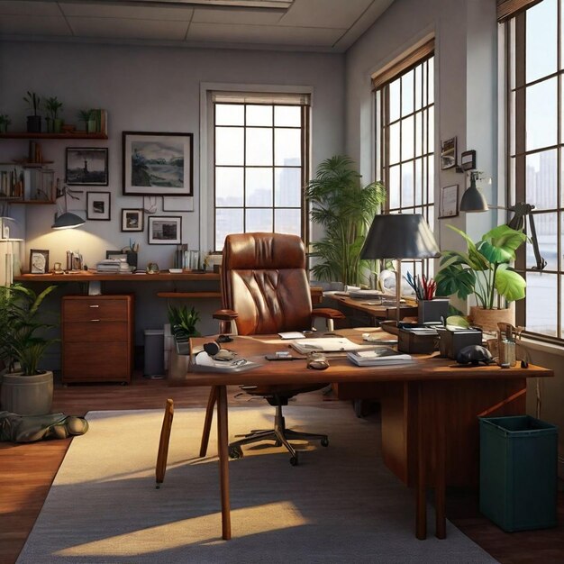 una habitación con un escritorio y una ventana con una planta en ella