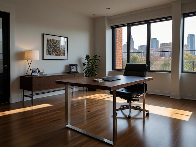 Foto una habitación con un escritorio y una ventana