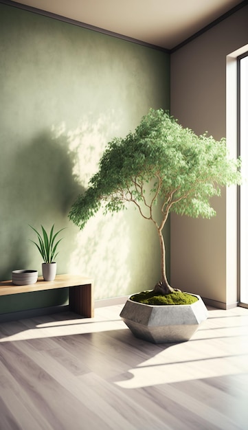 Una habitación espaciosa con una pared verde salvia serena y un bonsái japonés destacado Generado por IA