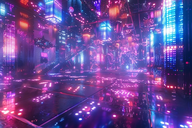 una habitación con un espejo y luces en el suelo