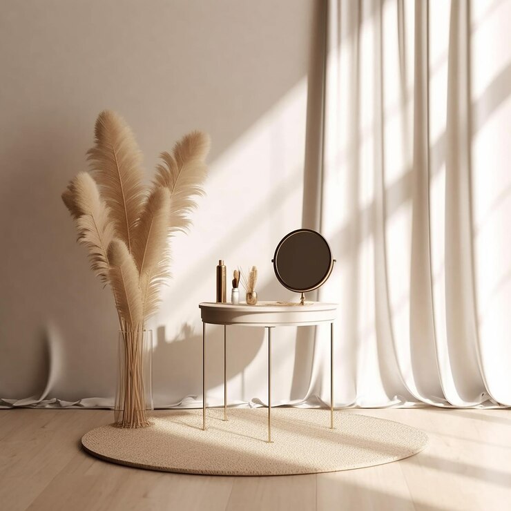 Una habitación con un espejo, una mesa y un espejo con maquillaje.