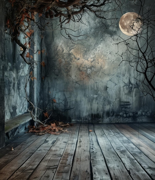 Foto habitación espeluznante con un árbol y una luna