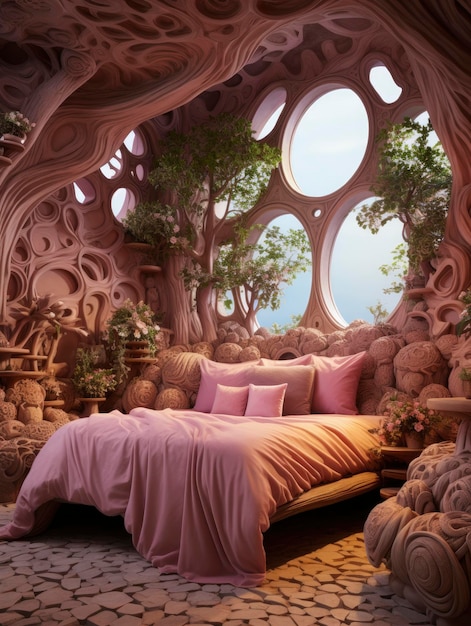 Una habitación está decorada con un árbol a su alrededor acogedor en el estilo de la fantasía hiperrealista lindo