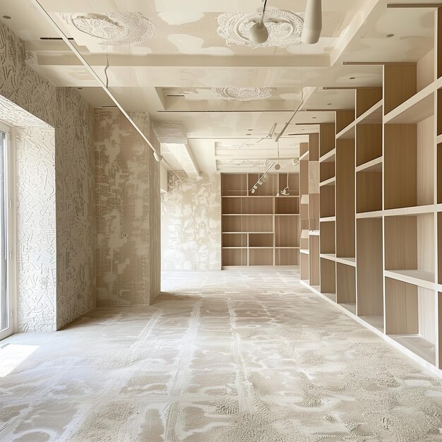 una habitación con una estantería de libros y una estante de libros con un ventilador de techo blanco