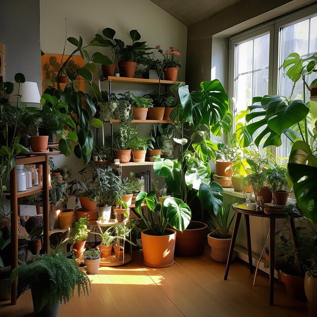 una habitación con una estantería con plantas y una ventana por la que entra el sol.