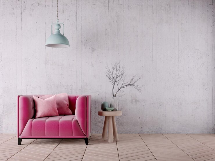 Habitación de estilo industrial vintage con lámpara de techo de piso de madera de sillón púrpura y pared blanca grunge