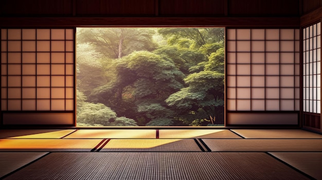 Habitación de estilo japonés con vista al bosque