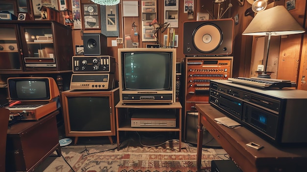 Foto una habitación de estilo retro llena de electrónica antigua y televisores antiguos la habitación está débilmente iluminada y tiene una cálida atmósfera acogedora