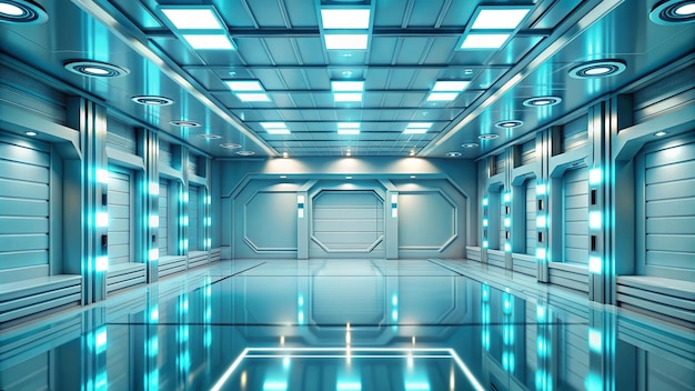 Habitación de estudio vacía de color azul claro futurista Sala grande de ciencia ficción con luces azules Futuro para el diseño