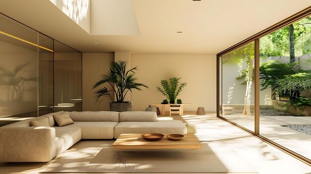 habitación familiar minimalista con puertas de vidrio deslizantes con un sofá blanco cuenco marrón y plan verde
