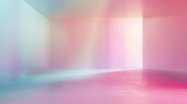 una habitación con un fondo de color rosa y verde y una luz que brilla a través de una ventana
